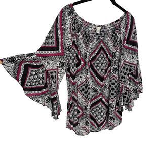 NWT Cato Geo Floral Print Black Pink White Bell Sleeve Boho Smocked Swing Top M